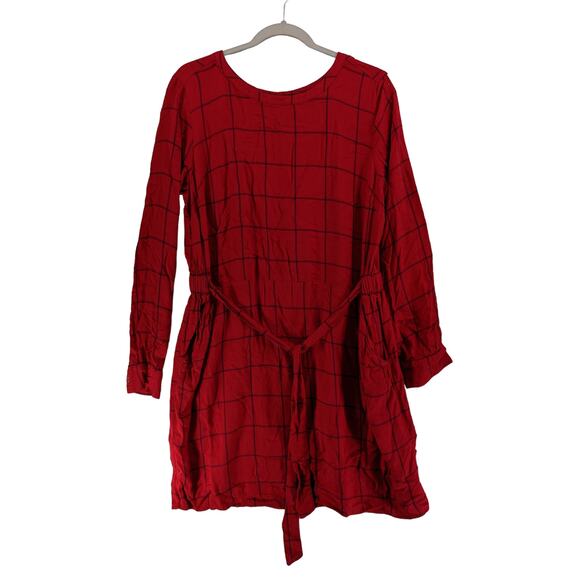 A New Day Windowpane Dress XL Red Belt Tie Stretchy Waist Classic Pockets Plaid - Picture 11 of 11